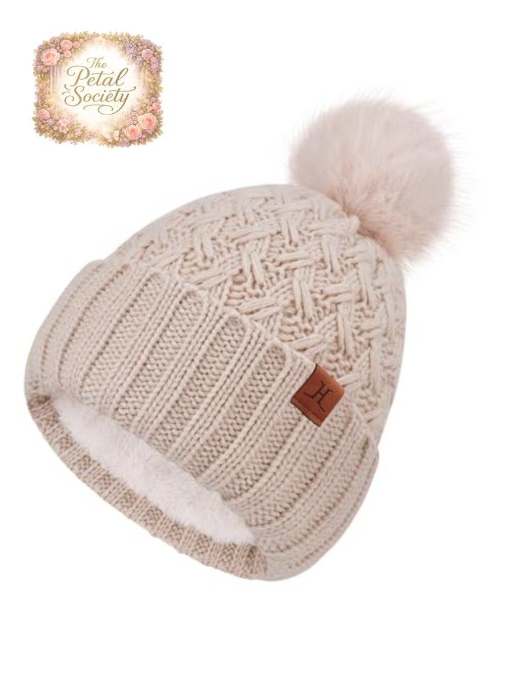 Women's Fleece Lined Knit Beanie Pompom Winter Hat Acrylic Wool